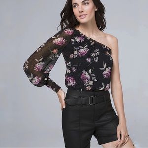 White House Black Market Floral Metallic One-Shoulder Blouse